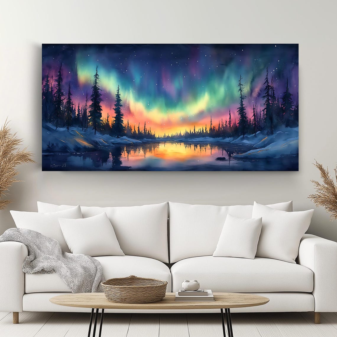 Northern Lights Wall Art Long Horizontal Narrow Print Oversized Panoramic Landscape Artwork For Above Couch Or Bed - Image 2