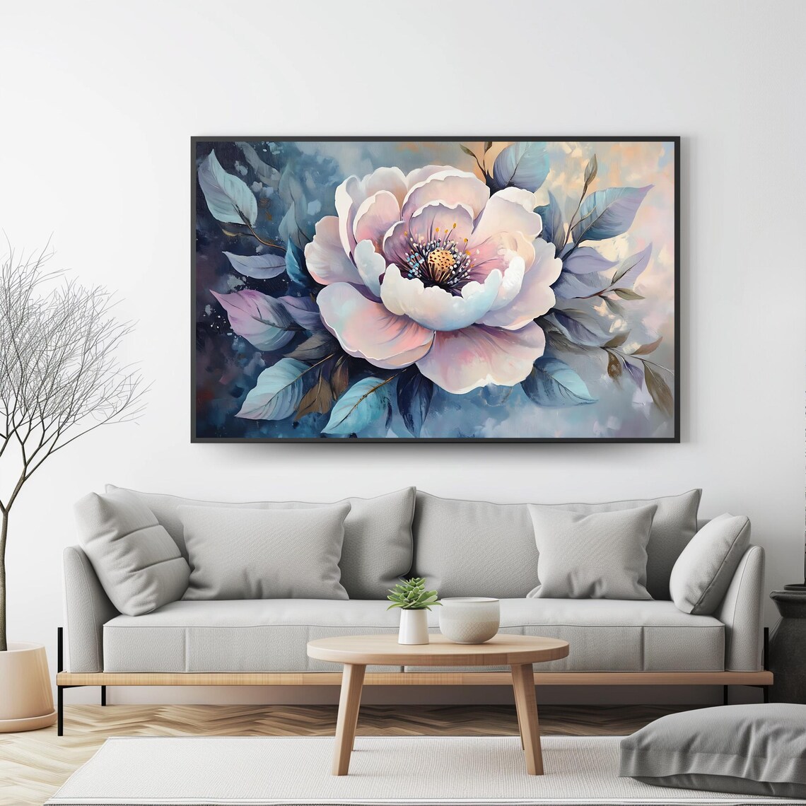 White Peony Flower Soft Pink Petals Blue Leaves Botanical Poster - Image 4