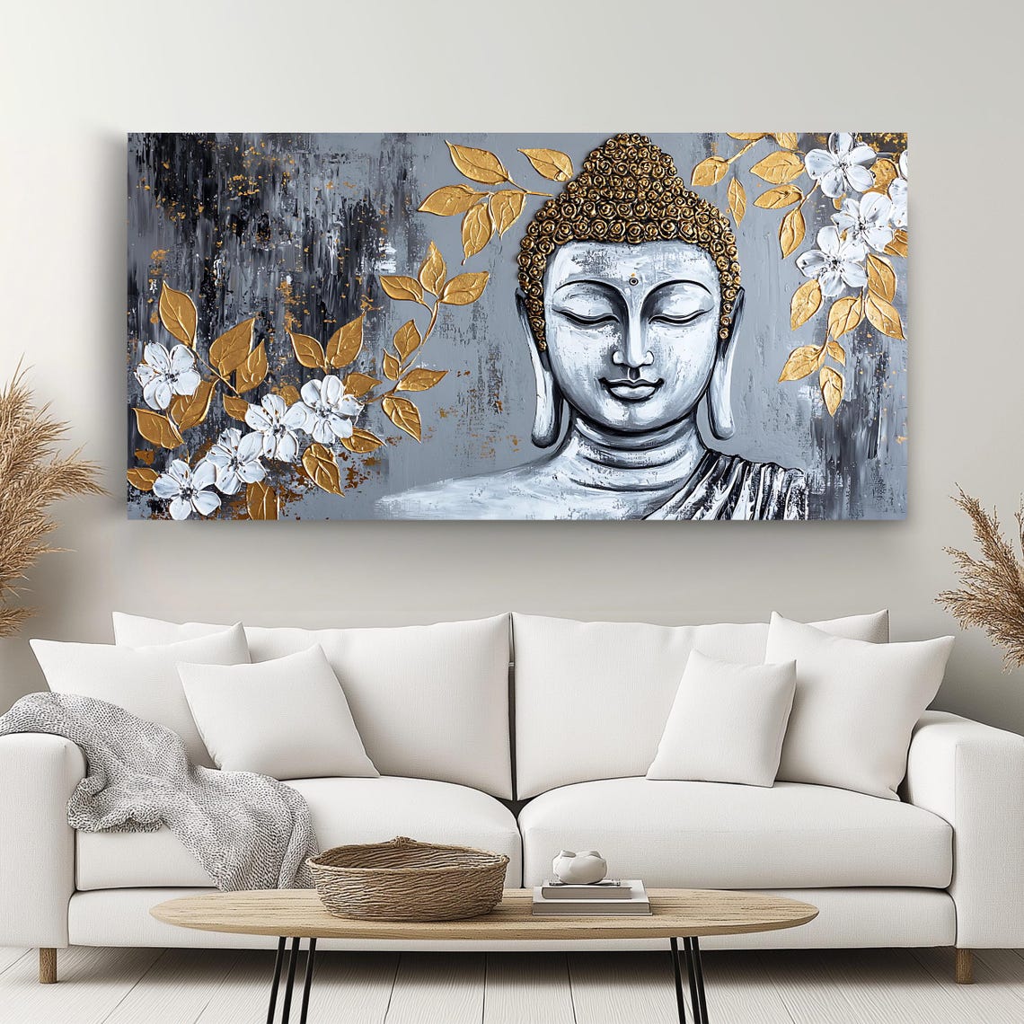 Zen Buddha Face Gold Leaves White Blossoms Gray Panoramic Wall Art - Image 2