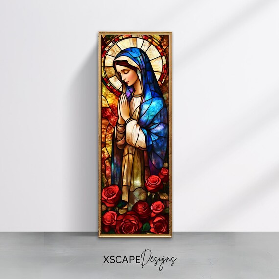 Virgin Mary Stained Glass Blue Veil Red Roses Prayer Catholic Poster