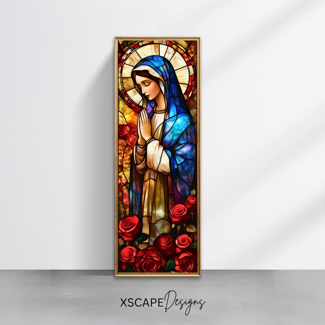 Virgin Mary Stained Glass Blue Veil Red Roses Prayer Catholic Poster