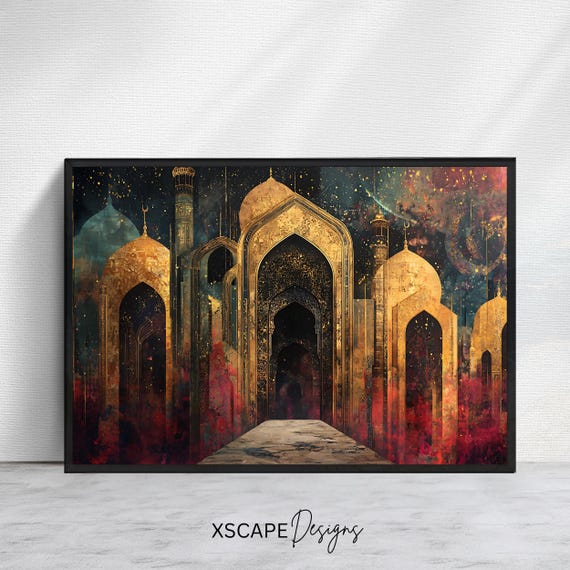 Golden Archway Islamic Art Print Abstract Mosque Wall Decor Middle Eastern Architecture Art Gold And Black Horizontal Wall Art
