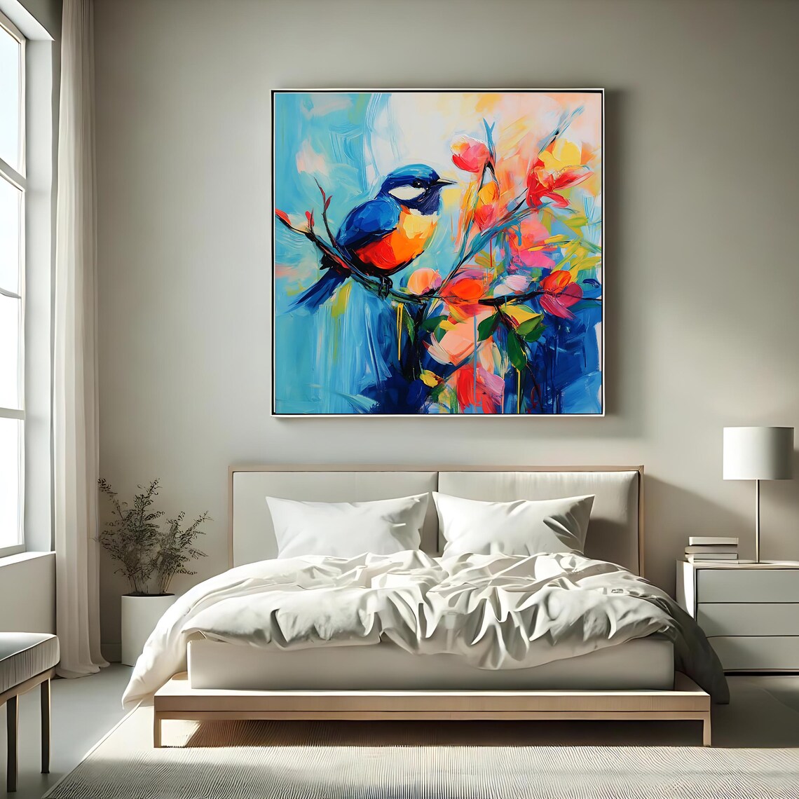 Vivid Blue Songbird Blossoming Branch Colorful Nature Oil Art Poster - Image 2