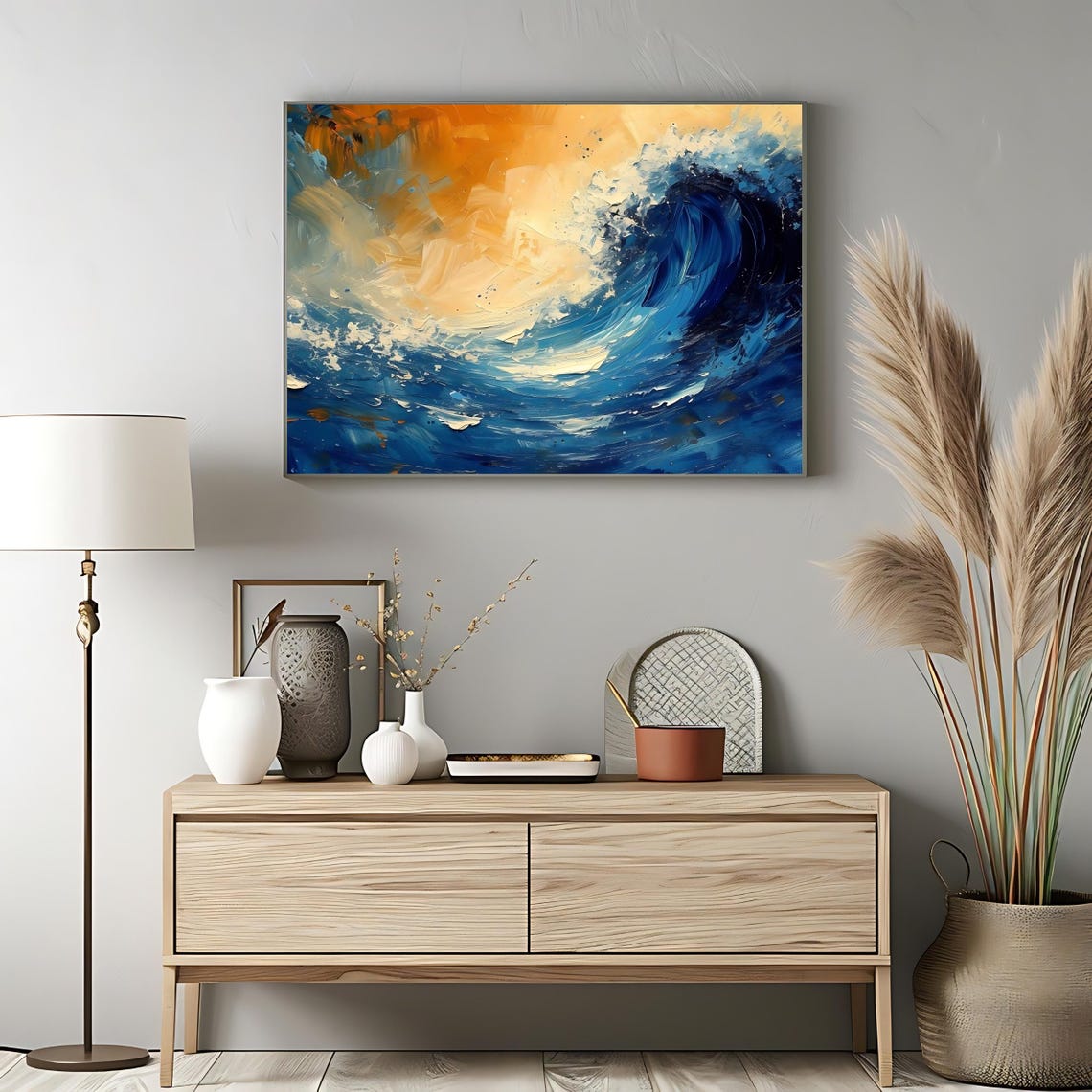 Blue and Gold Abstract Ocean Wave Dramatic Seascape Textured Poster - Image 3