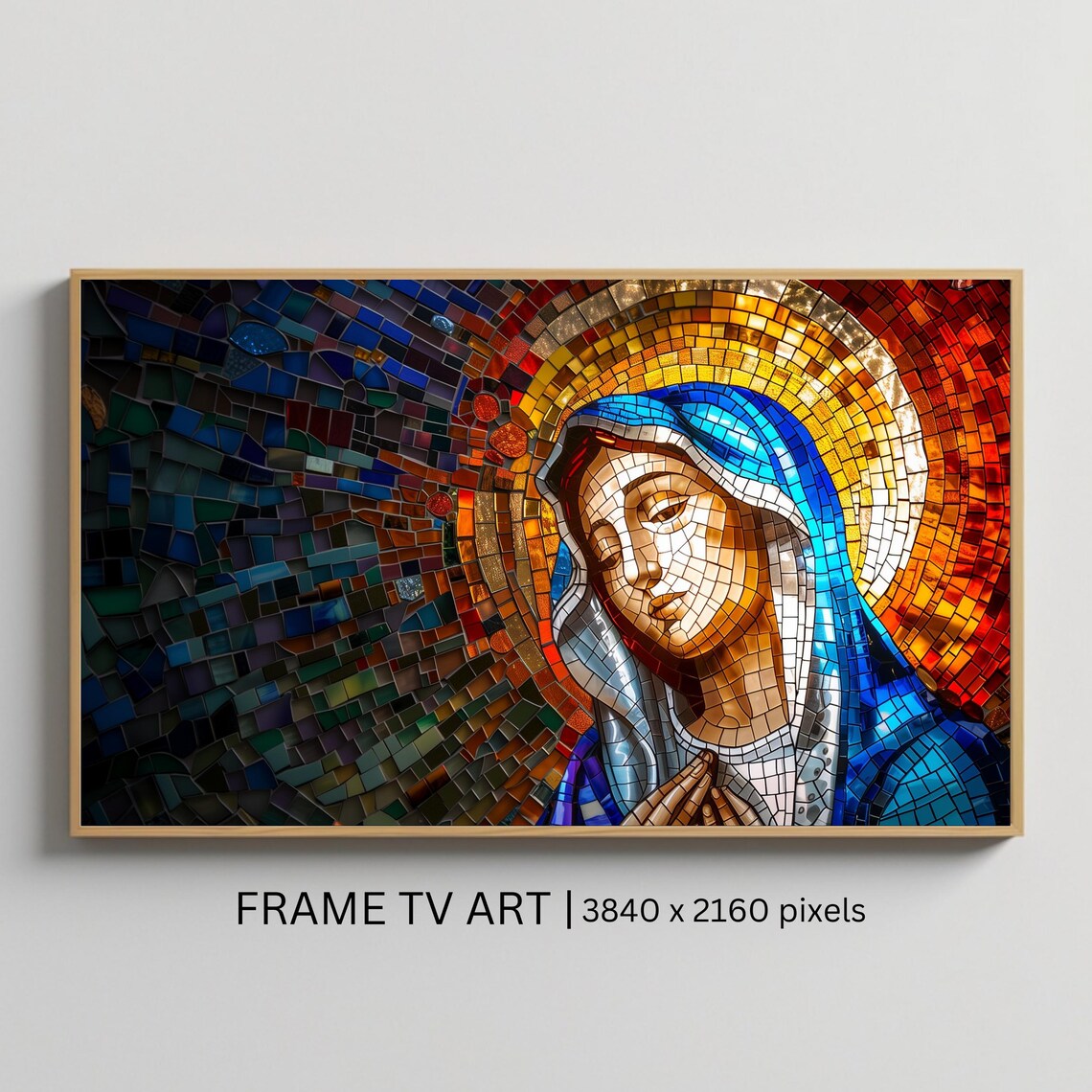 Blessed Virgin Mary Stained Glass Mosaic Golden Halo Christian Art Print Poster