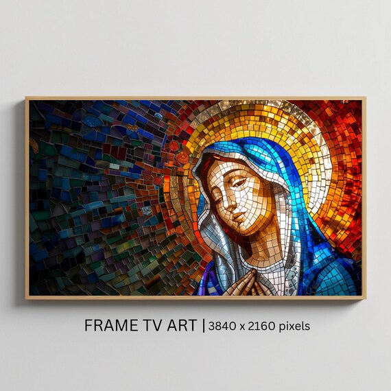 Blessed Virgin Mary Stained Glass Mosaic Golden Halo Christian Art Print Poster