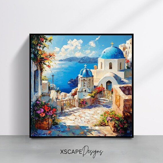 Santorini Blue Domes Church Bell Tower Flower Courtyard Aegean View Poster