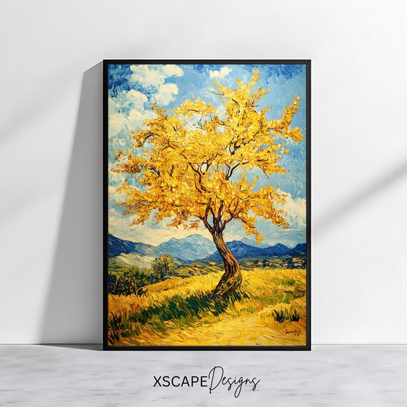 Golden Tree Art Print Vibrant Landscape Painting Impressionist Nature Wall Decor Countryside Scenic Artwork Yellow Tree