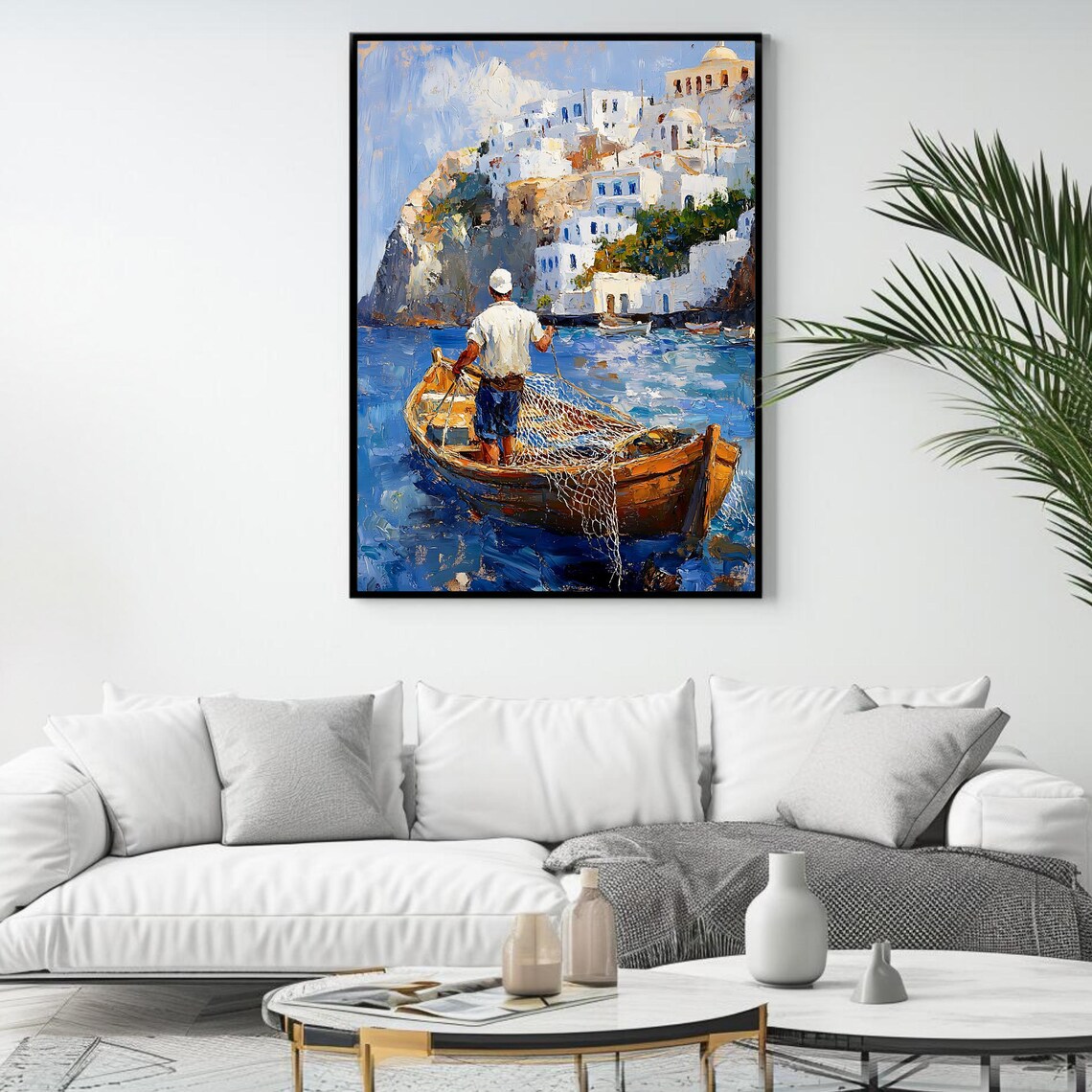 Greek Fisherman Hauling Nets In Wooden Boat Island Village View Poster - Image 4