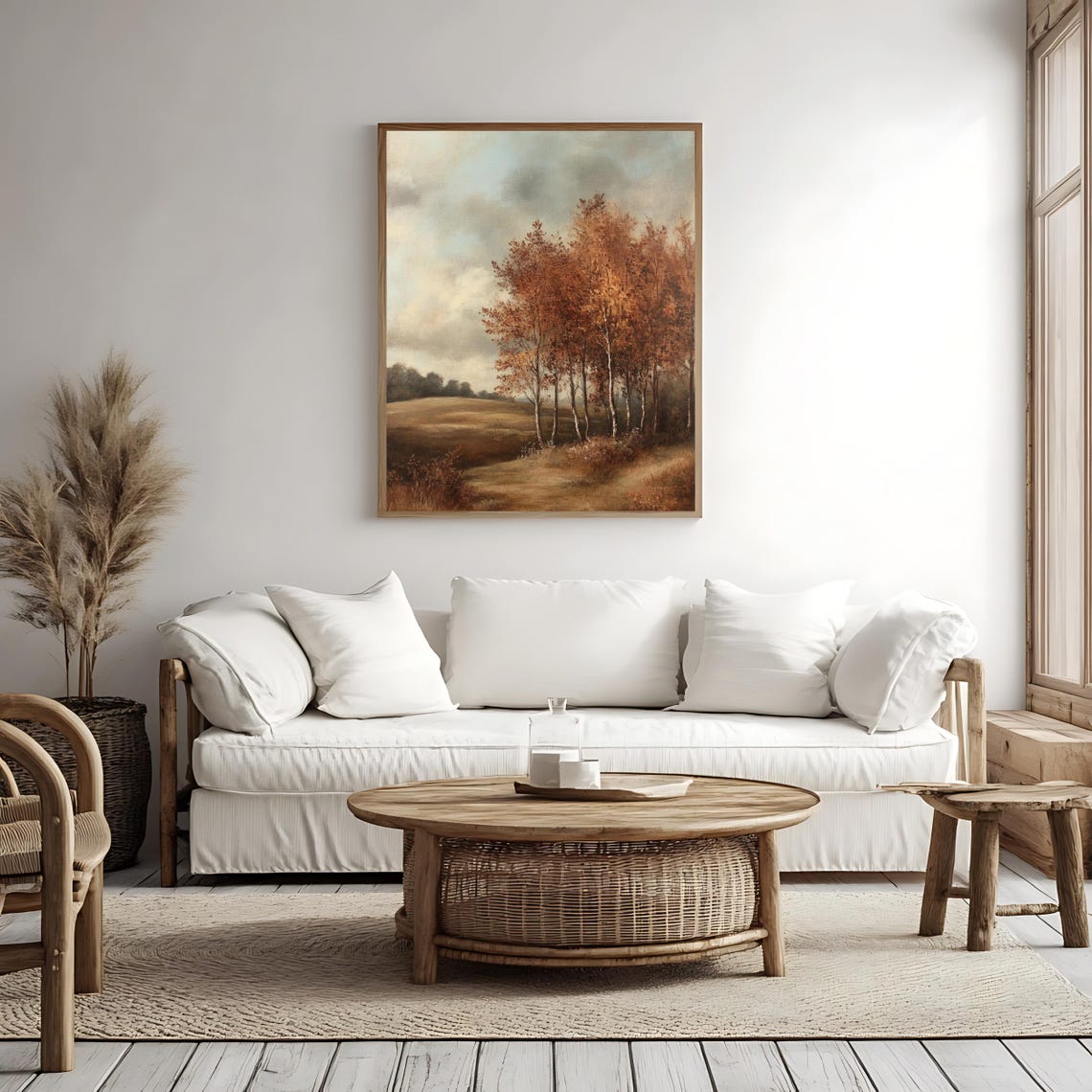 Vintage Autumn Birch Trees Golden Field Moody Sky Fall Landscape Print - Image 4