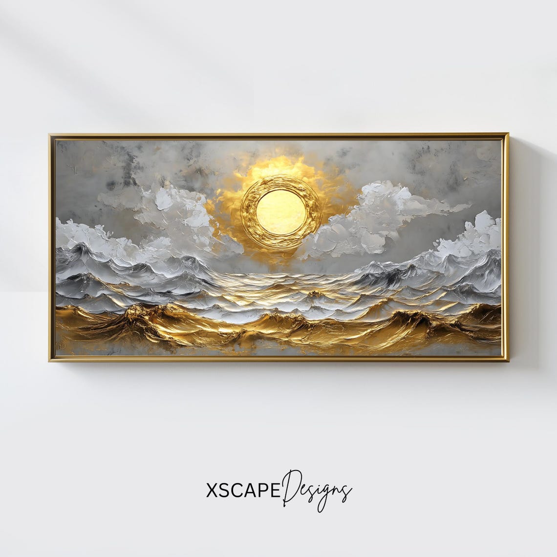 Golden Sun Abstract Ocean Waves Gray Sky Panoramic Seascape Poster
