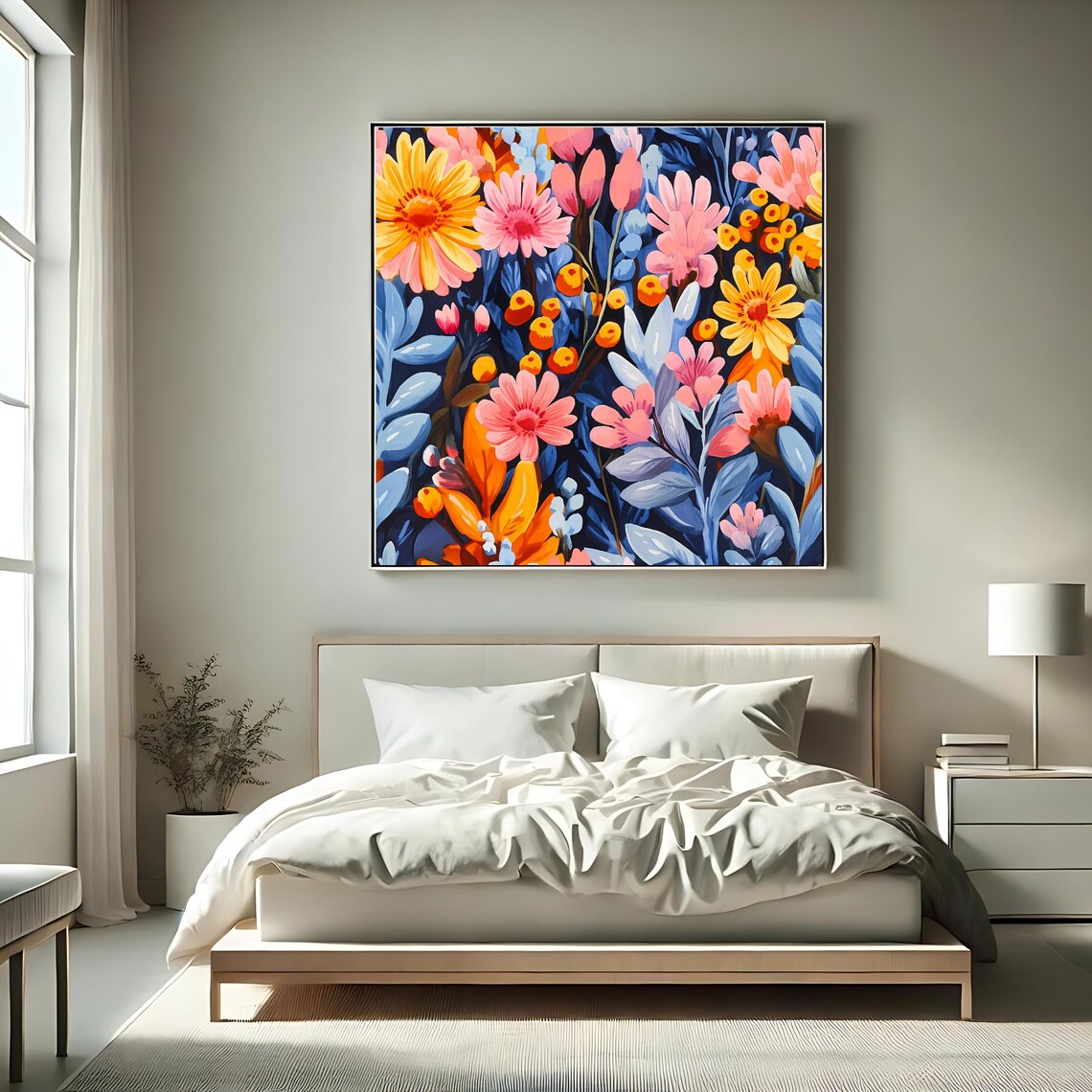 Bold Colorful Floral Meadow Painting Navy Background Botanical Poster - Image 2
