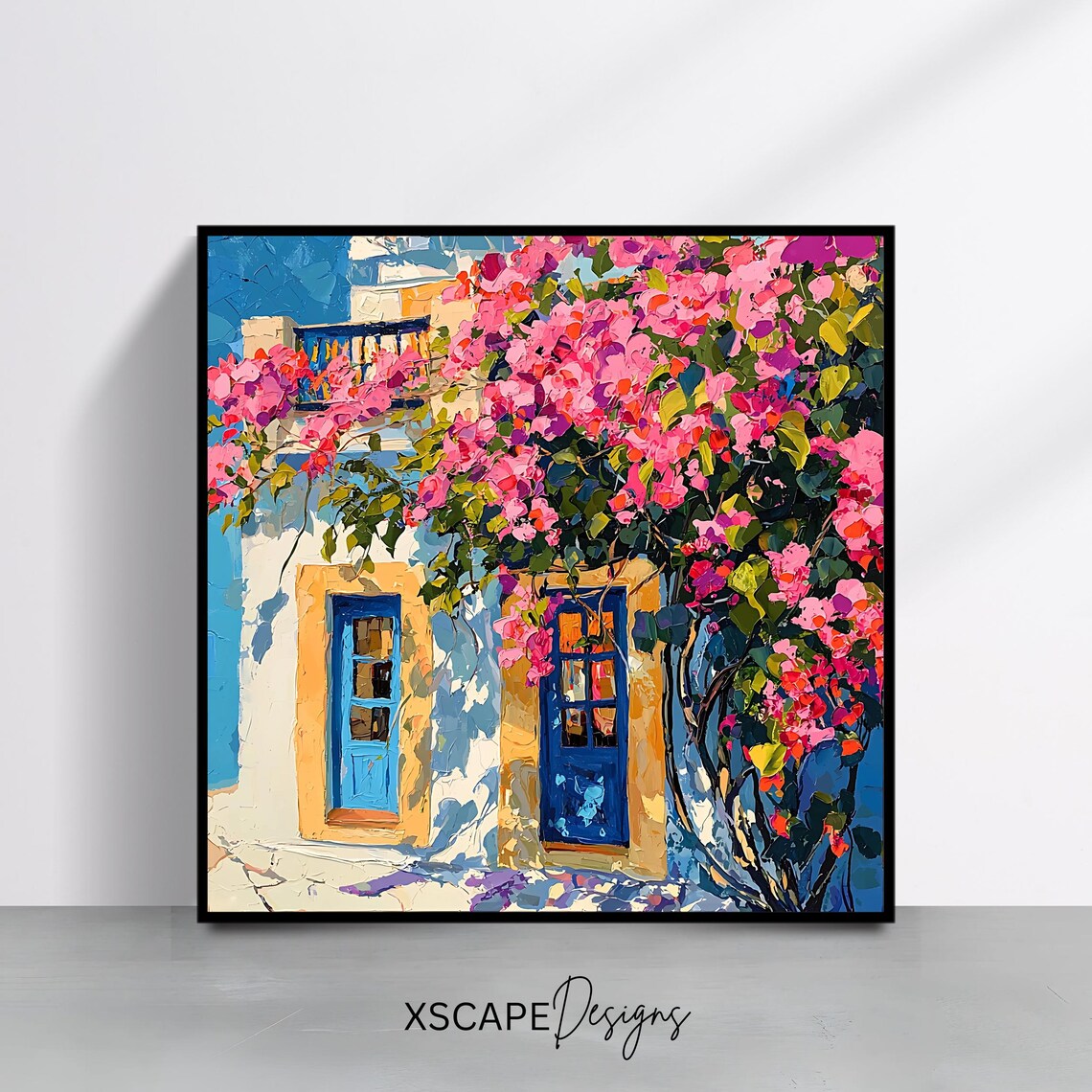 Santorini White House Bougainvillea Blue Doors Greek Island Art Poster