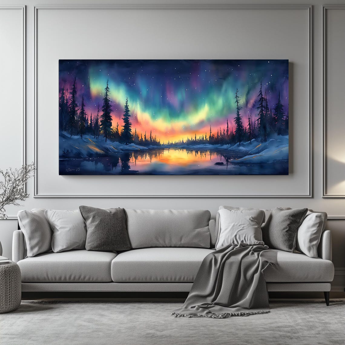 Northern Lights Wall Art Long Horizontal Narrow Print Oversized Panoramic Landscape Artwork For Above Couch Or Bed - Image 4