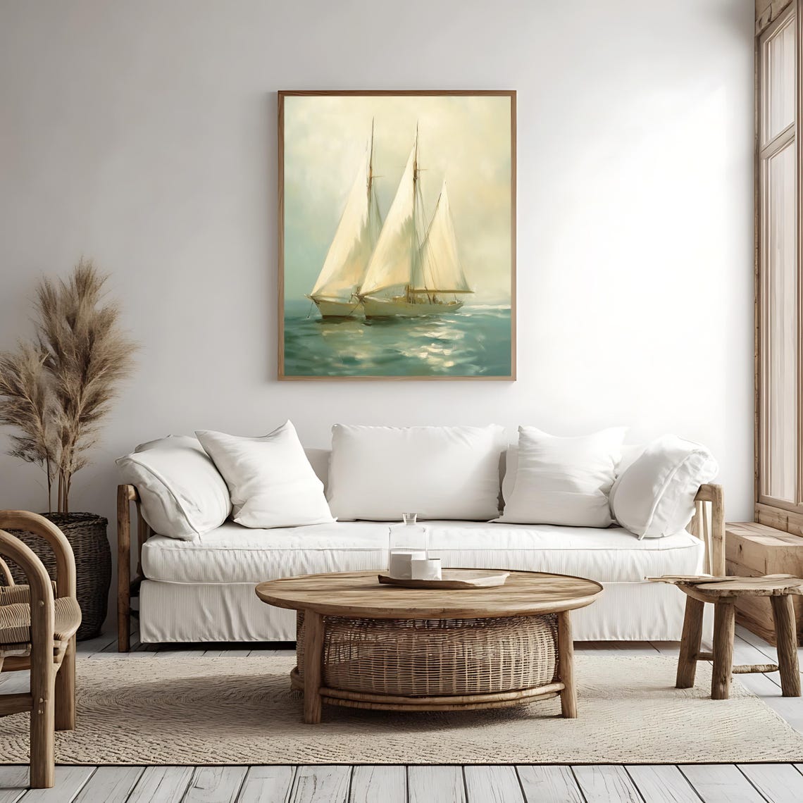 Vintage Sailing Ship with White Sails on a Calm Misty Sea Poster - Image 4