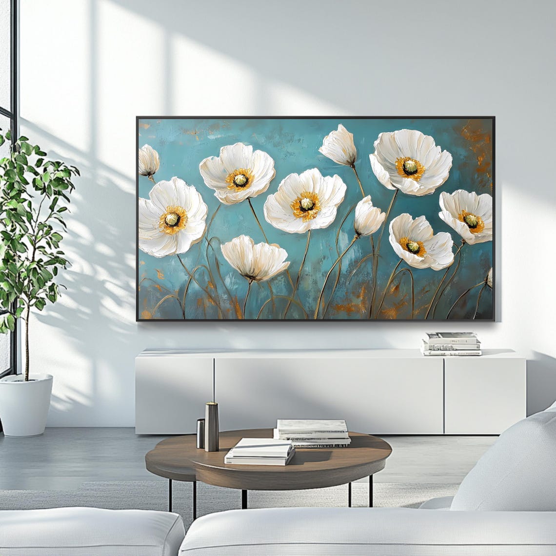 White Poppy Flowers On Teal Blue Elegant Modern Botanical Art Poster - Image 4
