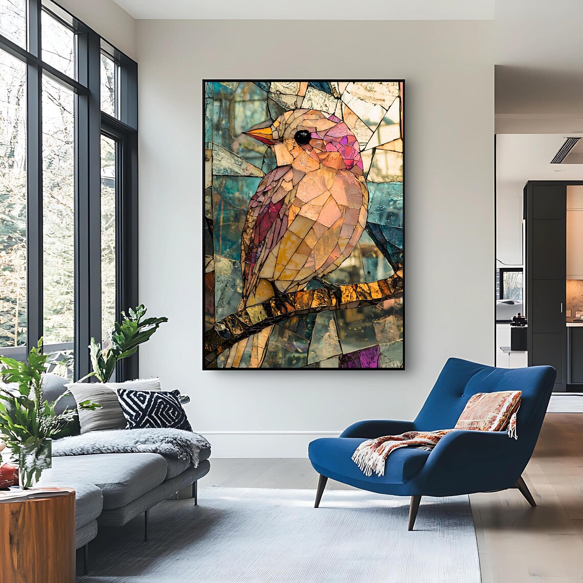 Stained Glass Bird Mosaic, Elegant Nature Artwork - Image 2