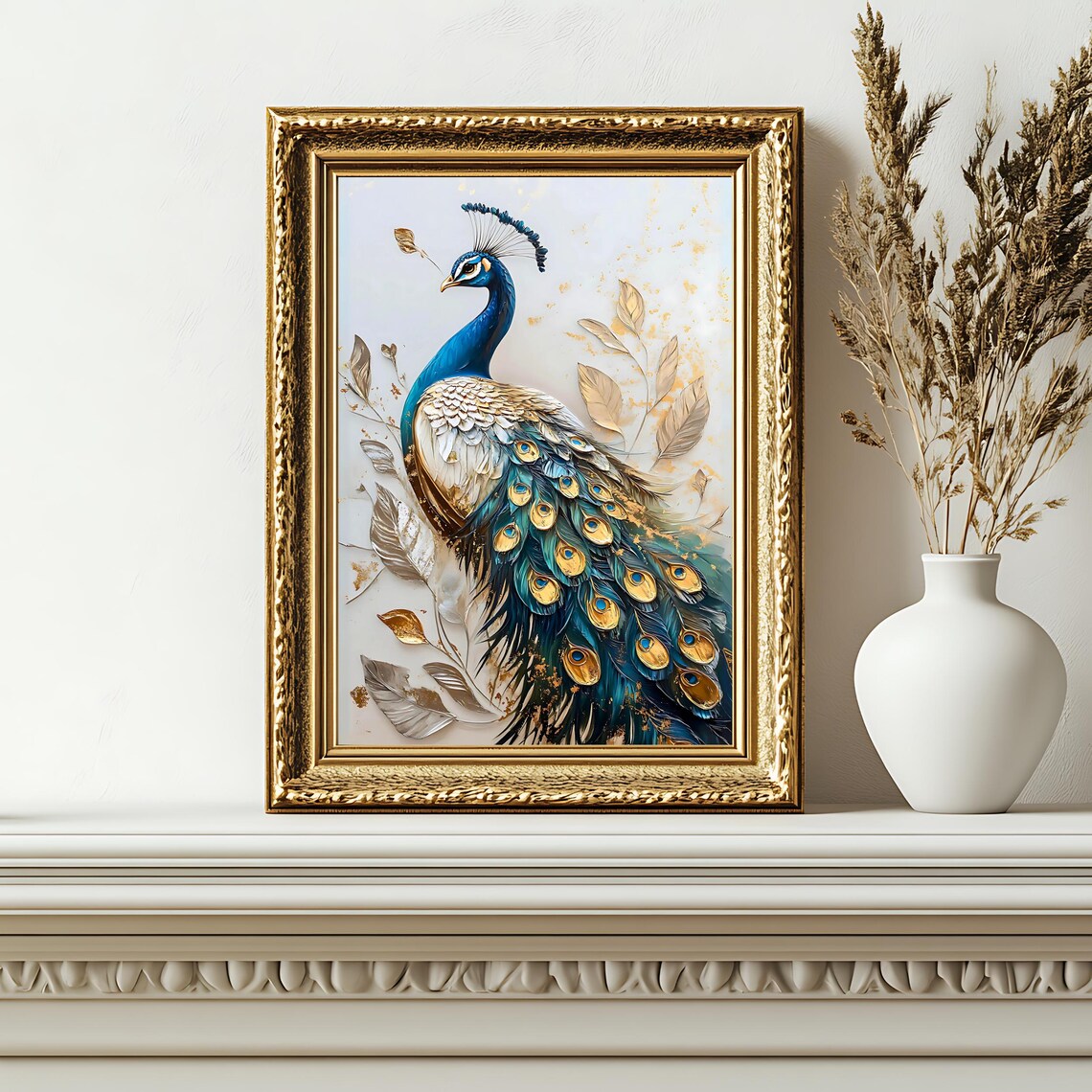 Elegant Peacock Gold And Teal Feathers Ornate Plumage Wall Art Print - Image 2