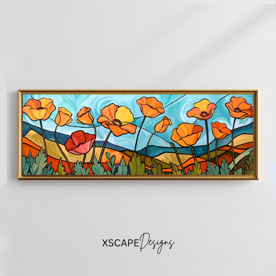 Orange Poppies Stained Glass Style Tall Stems Turquoise Sky Art Poster
