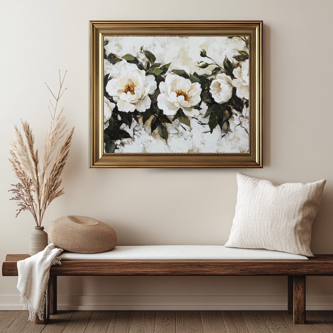 Cream White Peony Blossoms Dark Green Foliage Botanical Wall Art - Image 2