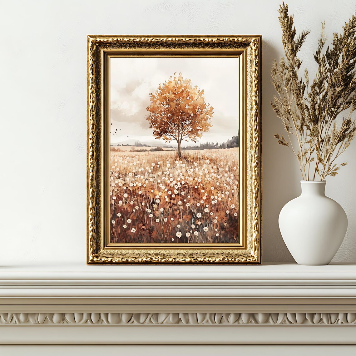 Golden Autumn Tree In Wildflower Field Watercolor Fall Meadow Poster - Image 2