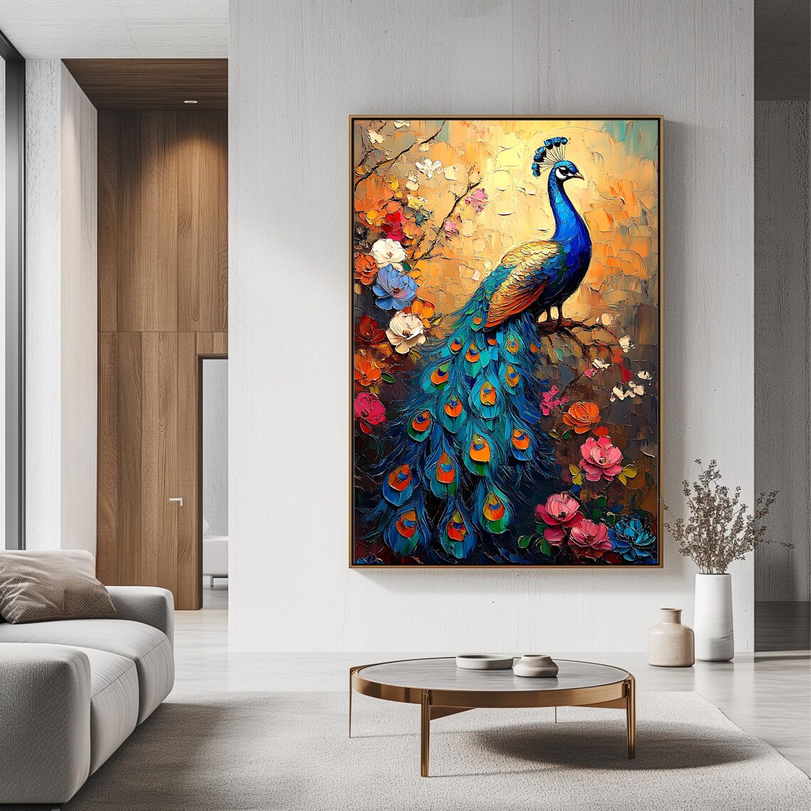 Vibrant Peacock Impasto Oil Painting Colorful Floral Bird Poster - Image 3