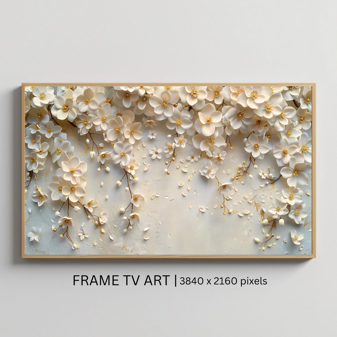 White Blossom Cascade Minimalist Floral Gold Accent Wall Art