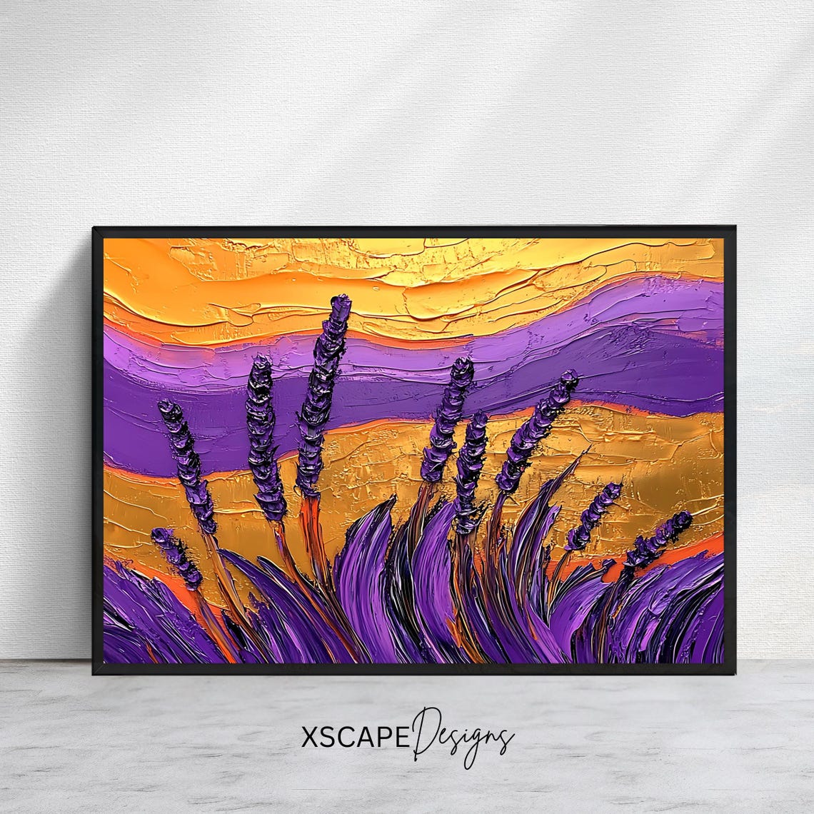 Purple Lavender Field Golden Sunset Textured Impasto Flower Poster