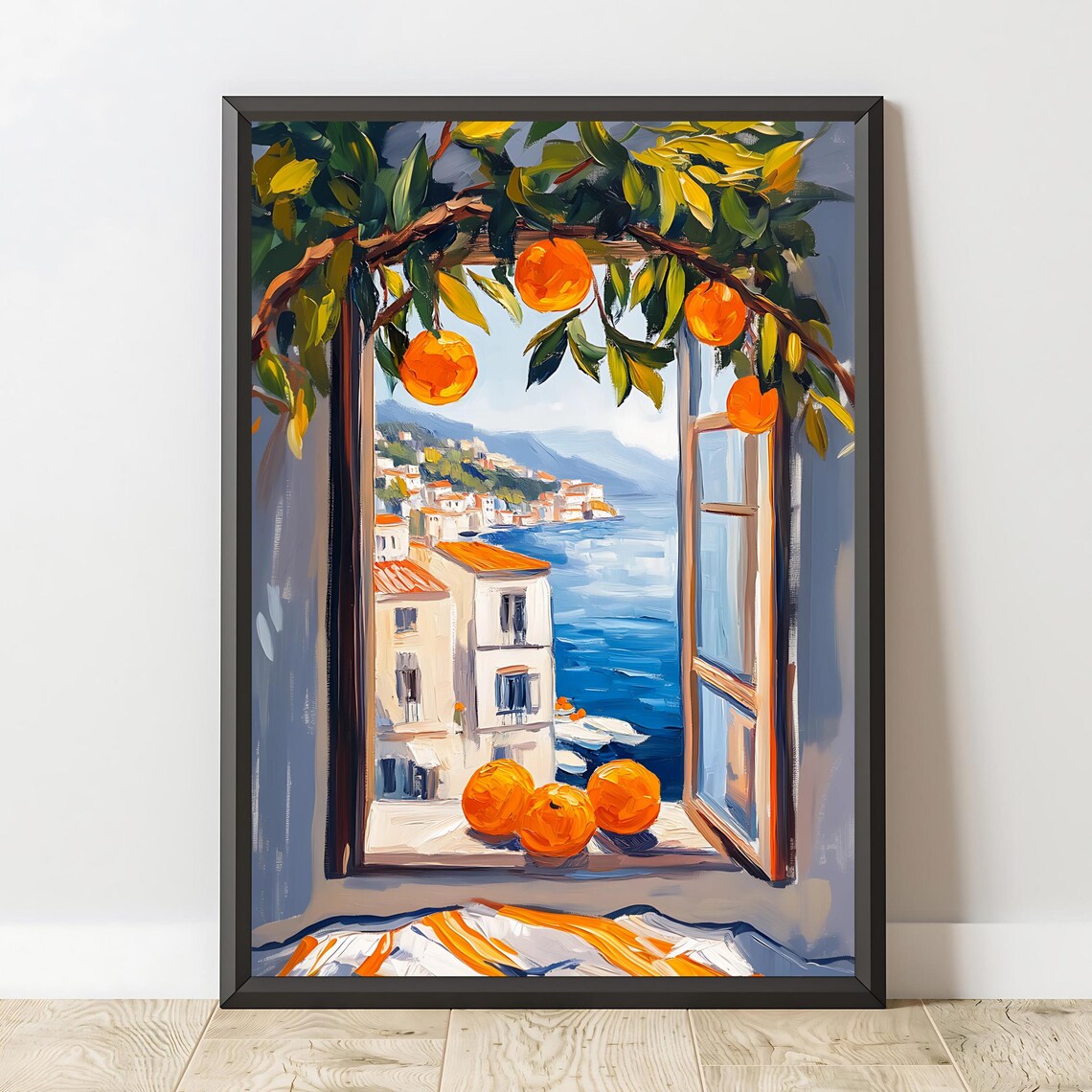 Mediterranean Window Orange Tree Coastal Town Sea View Travel Poster - Image 2