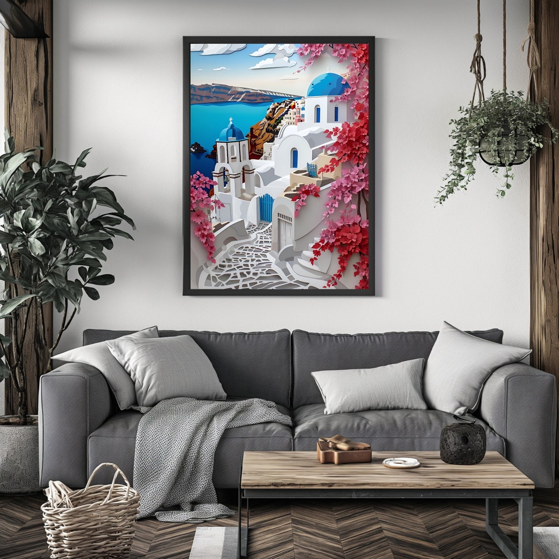 Santorini Oia Blue Dome Churches Caldera Bougainvillea Art Poster - Image 4