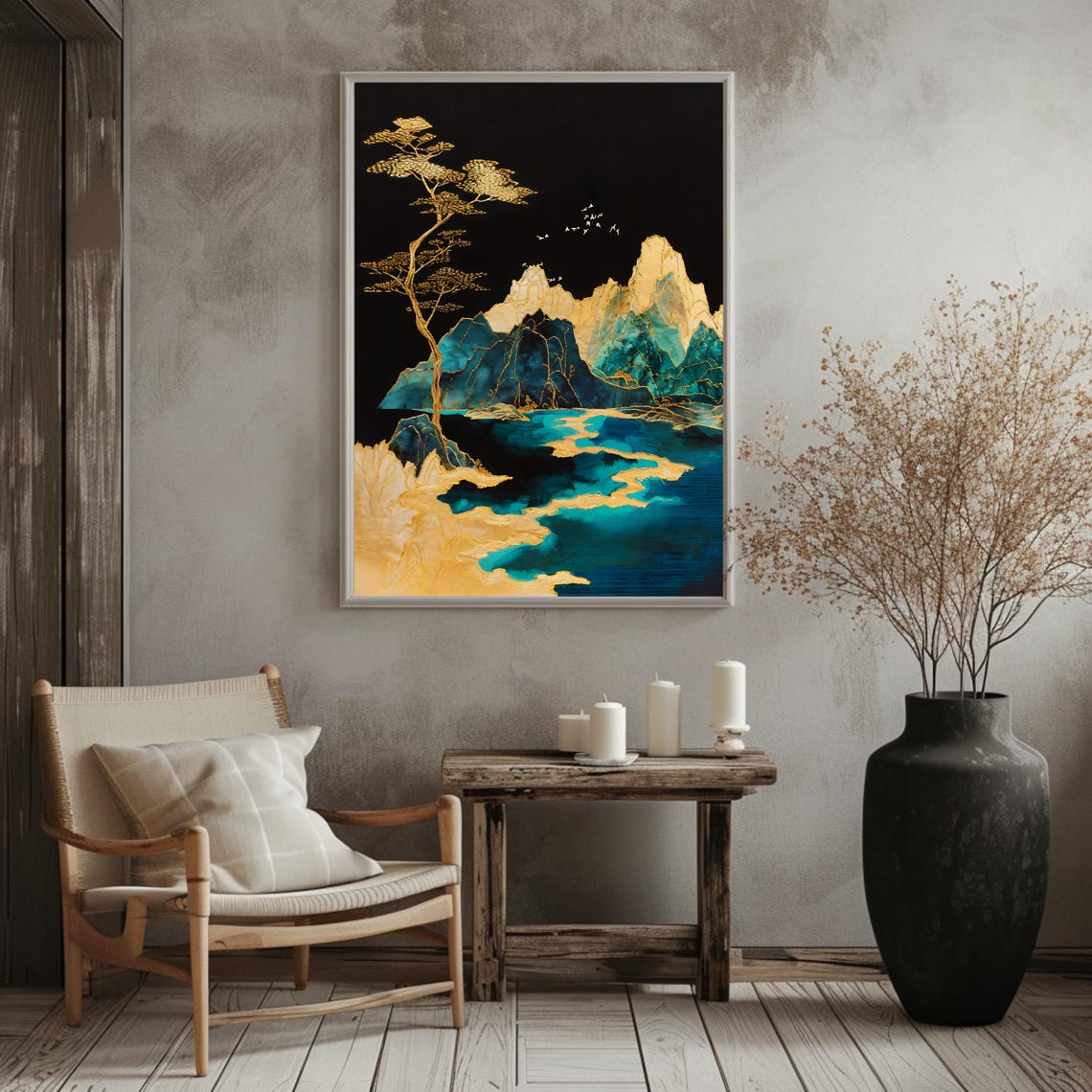 Golden Abstract Mountain Landscape Teal Peaks Black Modern Art Poster - Image 3