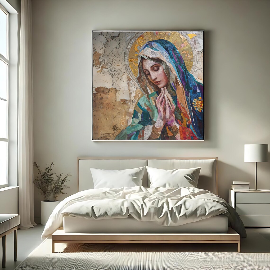 Virgin Mary Praying Hands Mosaic Halo Colorful Catholic Religious Wall Art Poster - Image 2