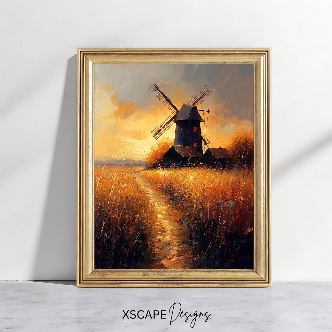 Vintage Windmill Landscape Art Print Golden Sunset Field Wall Decor Rustic Artwork