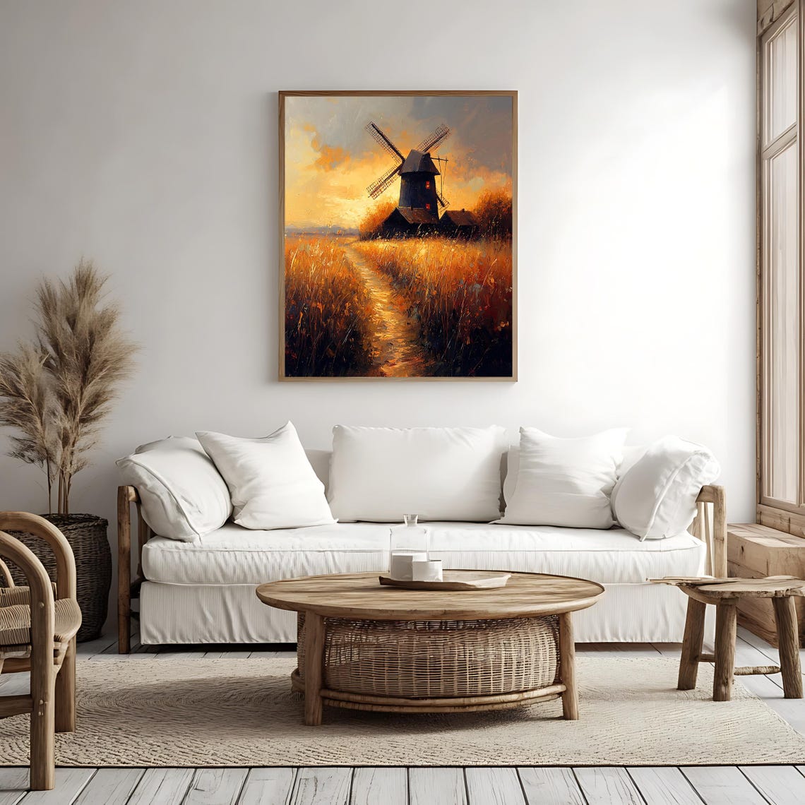 Vintage Windmill Landscape Art Print Golden Sunset Field Wall Decor Rustic Artwork - Image 4
