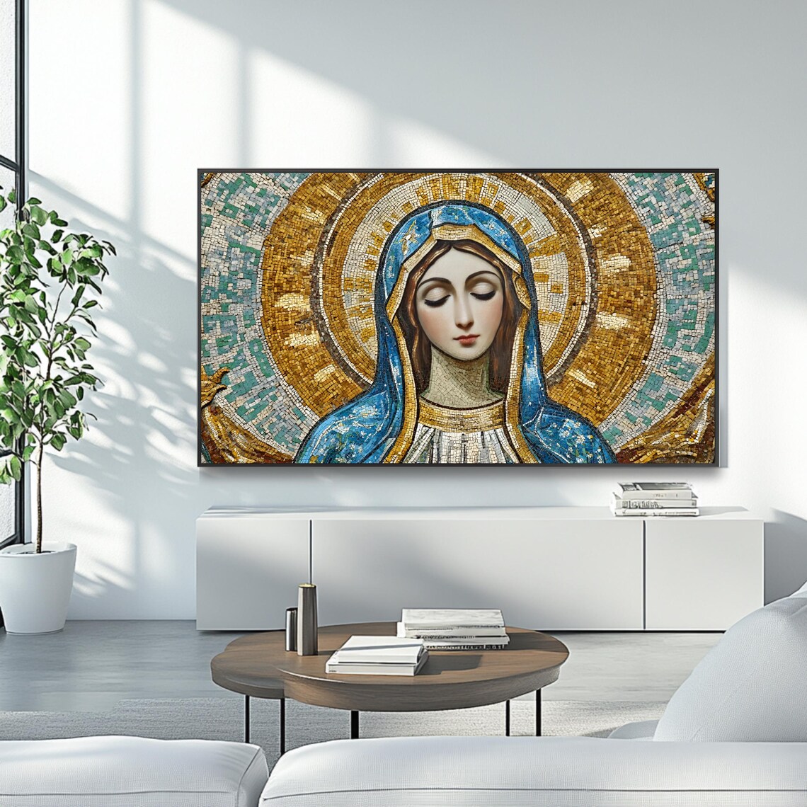 Virgin Mary Mosaic Portrait Gold Halo Blue Veil Byzantine Art Poster - Image 4
