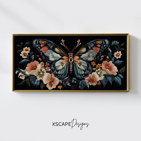 Butterfly Floral Wall Art Long Horizontal Narrow Print Vintage Embroidery For Above Couch Or Bed