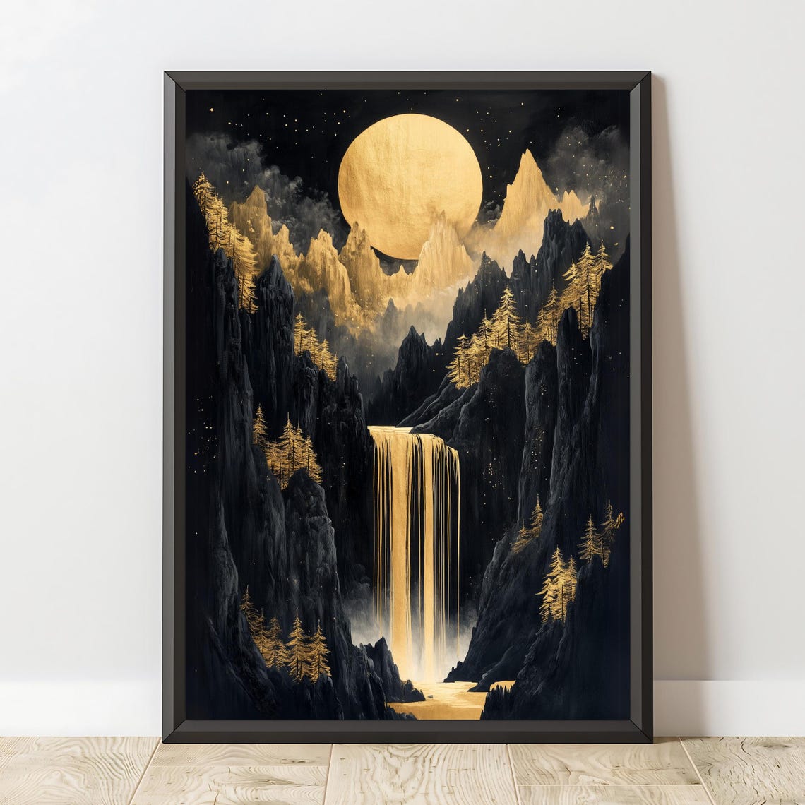 Black and Gold Moon Waterfall Mystical Mountain Night View Poster - Image 2