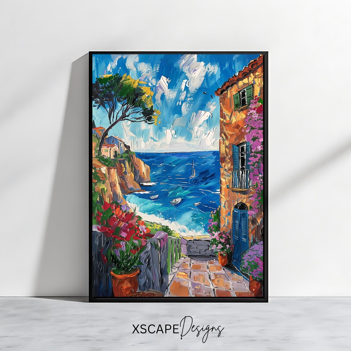 Coastal Terrace Stone Path Sailboats Blue Sea Flowers Italy Art Poster