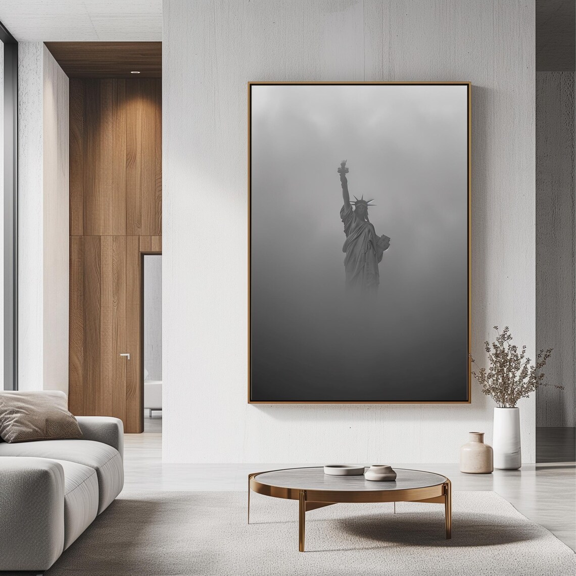Statue of Liberty Foggy Black and White Minimalist New York Art Poster - Image 3
