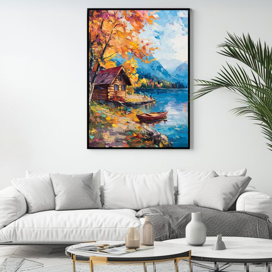 Rustic Log Cabin Autumn Lake Red Canoe Mountain Landscape Art Poster - Image 4