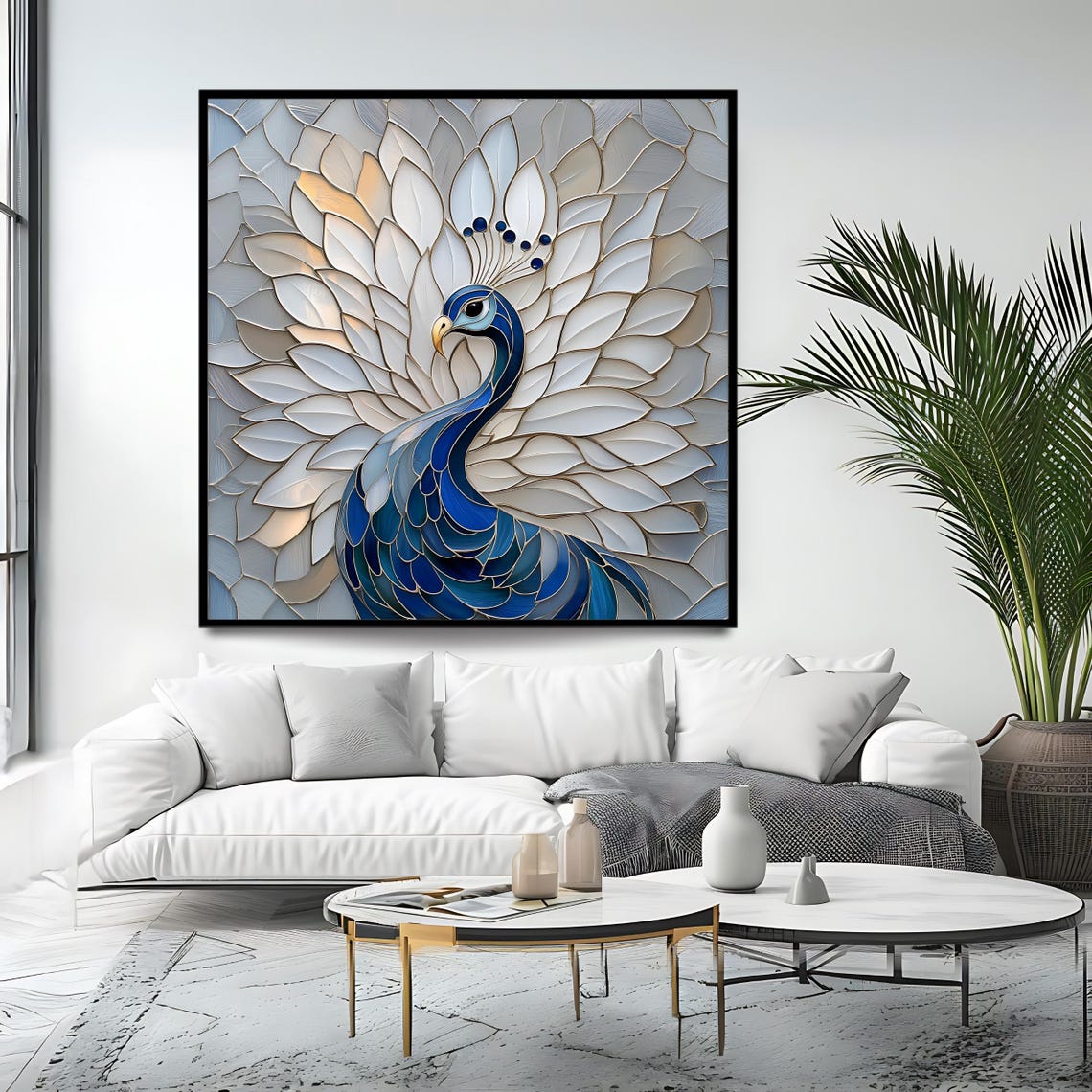 Blue Peacock Stained Glass Style White Tail Feathers Bird Art Print - Image 4