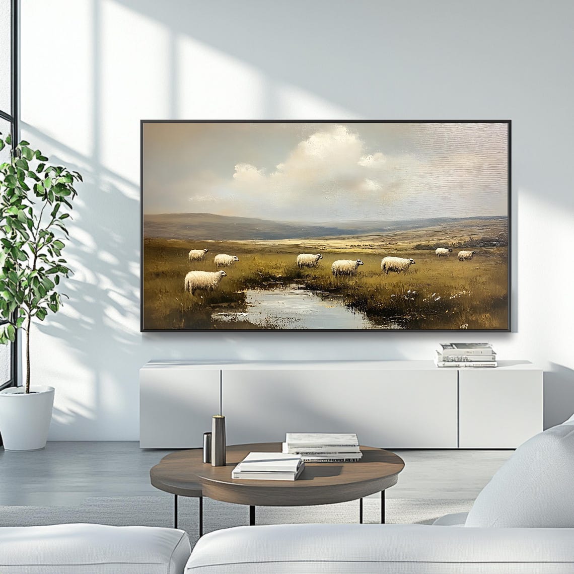 Pastoral Sheep Grazing Stream Muted Countryside Frame TV Poster - Image 4