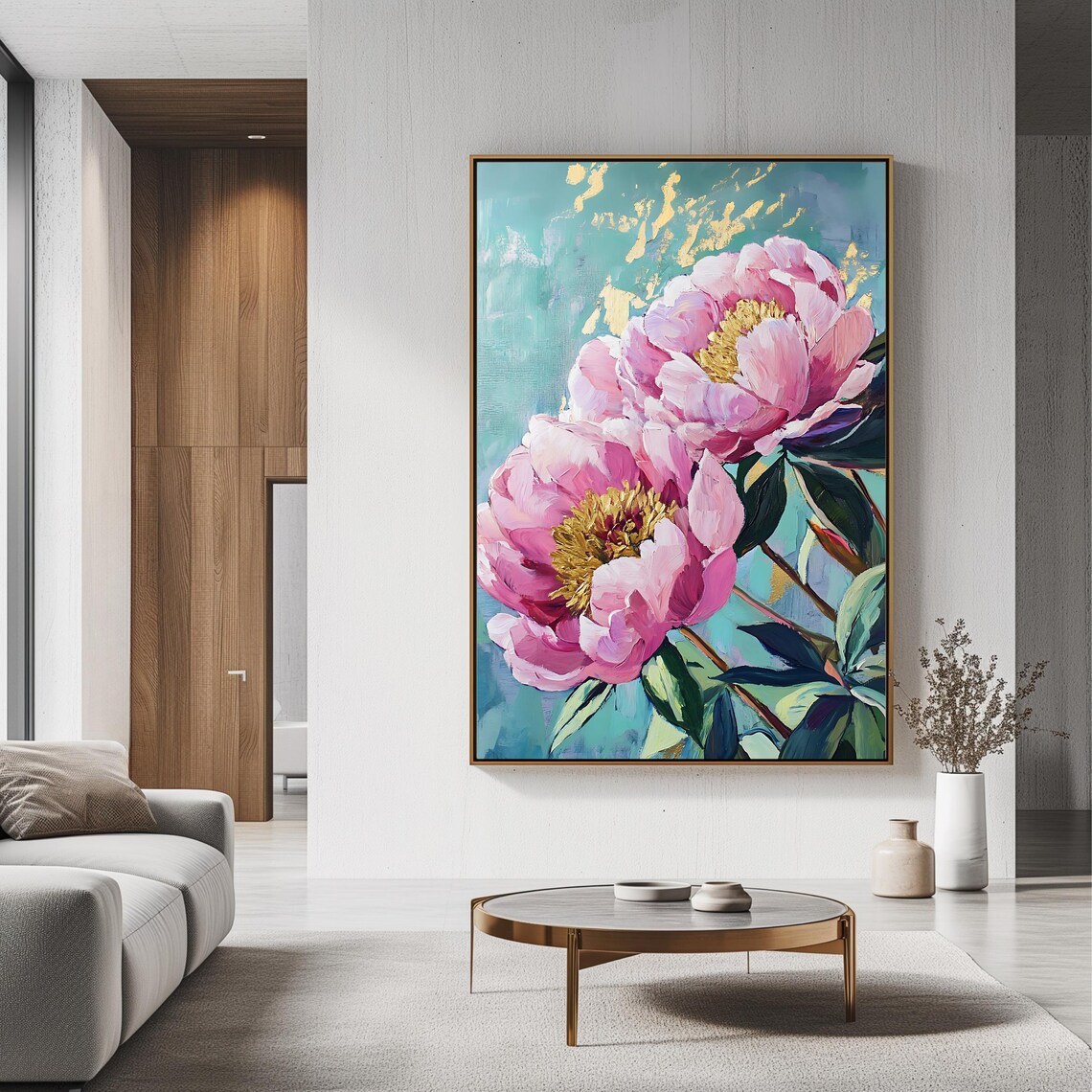 Pink Peony Blooms With Gold Leaf Accents On Turquoise Blue Poster - Image 3