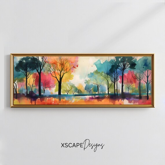 Colorful Trees Wall Art Long Horizontal Narrow Print Elegant Landscape Artwork For Above Couch Or Bed