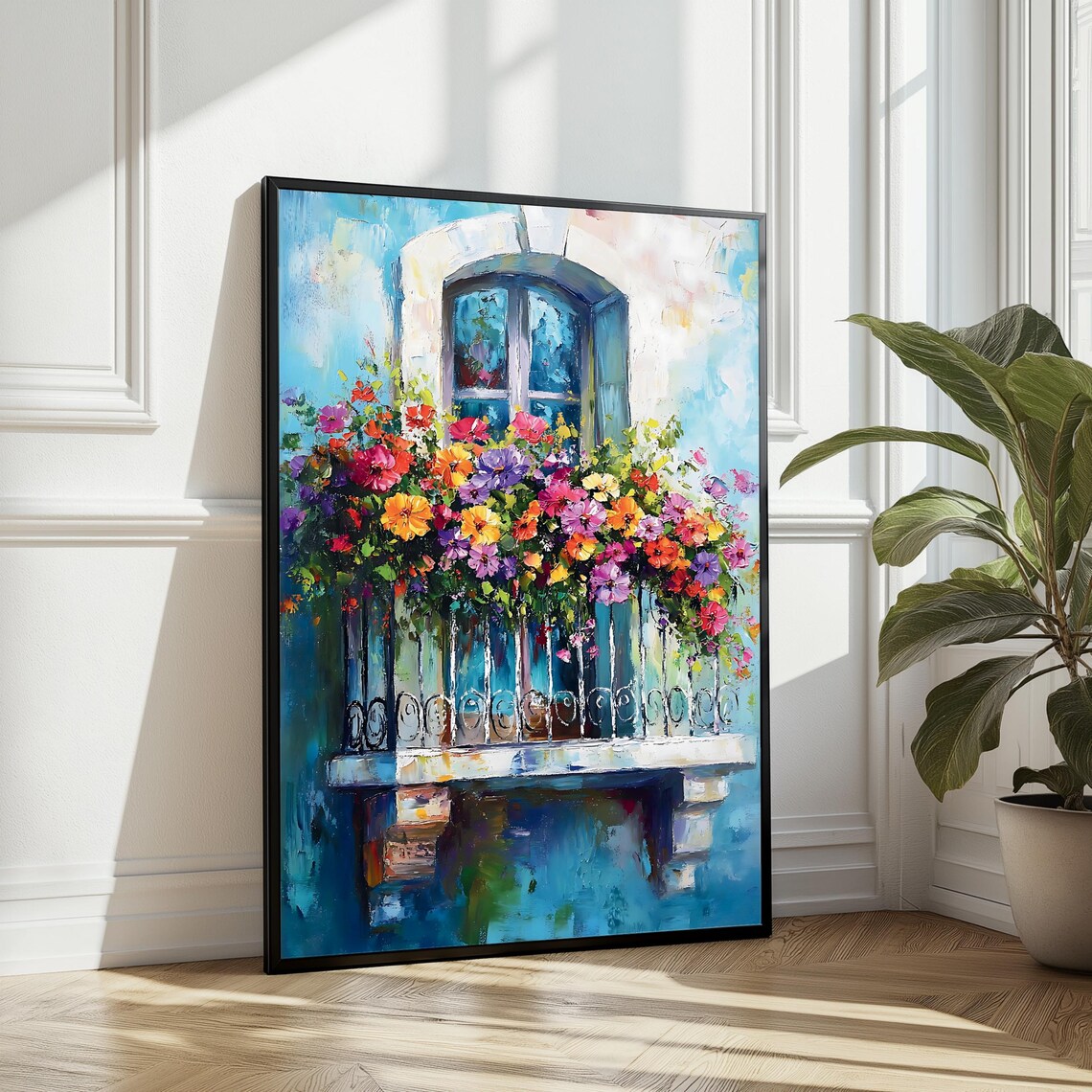 Floral Balcony Artwork, Mediterranean Window Scene