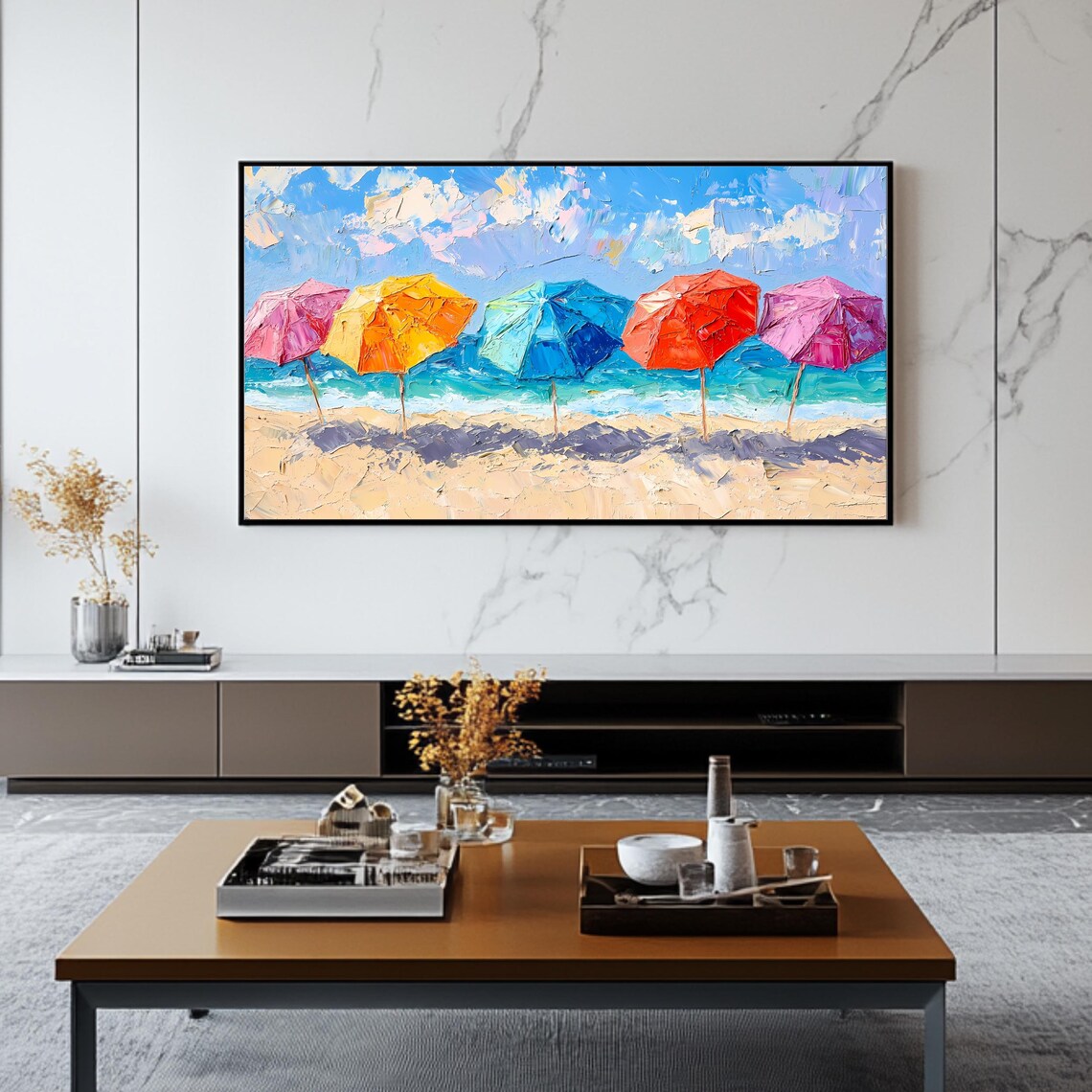 Colorful Beach Umbrellas Sandy Shore Ocean Waves Summer TV Art Poster - Image 2