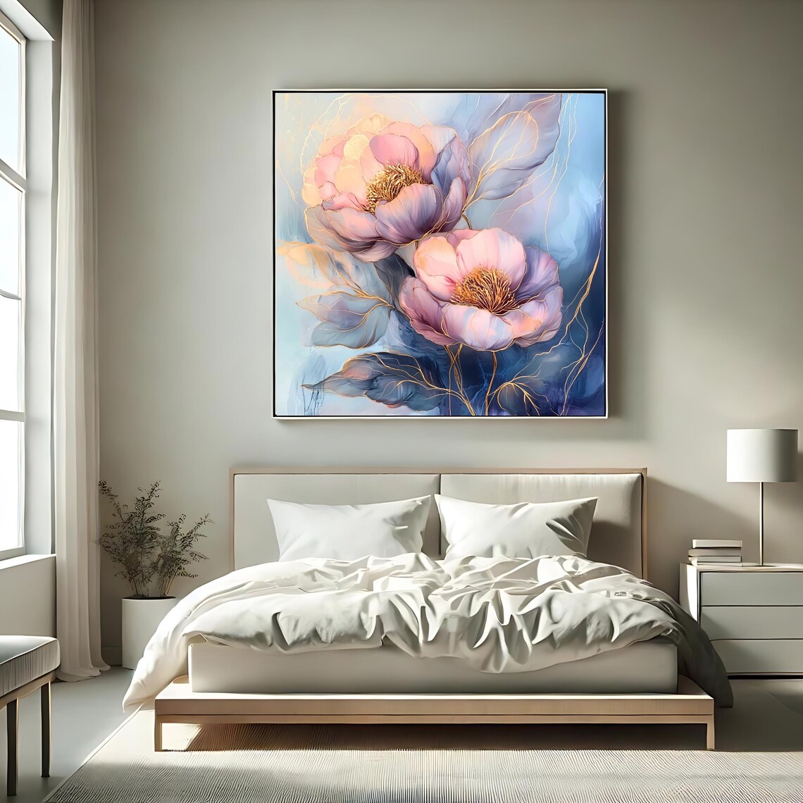 Elegant Pastel Peony Blossoms Gold Accent Dreamy Floral Wall Art Print - Image 2