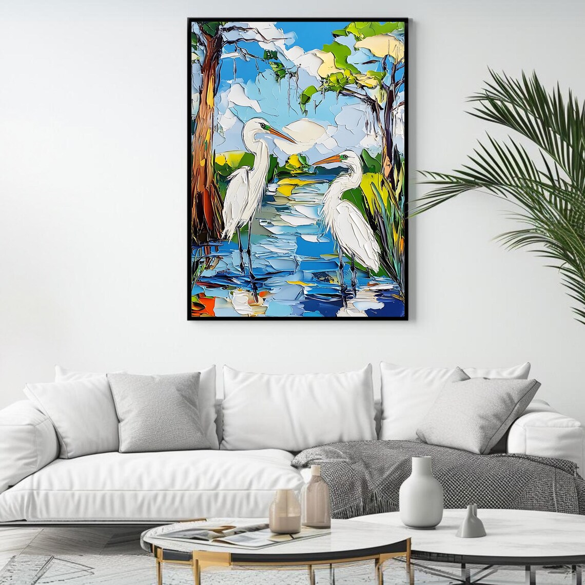 Great White Egret Wetland Impasto Oil Painting Coastal Bird Wall Art - Image 4