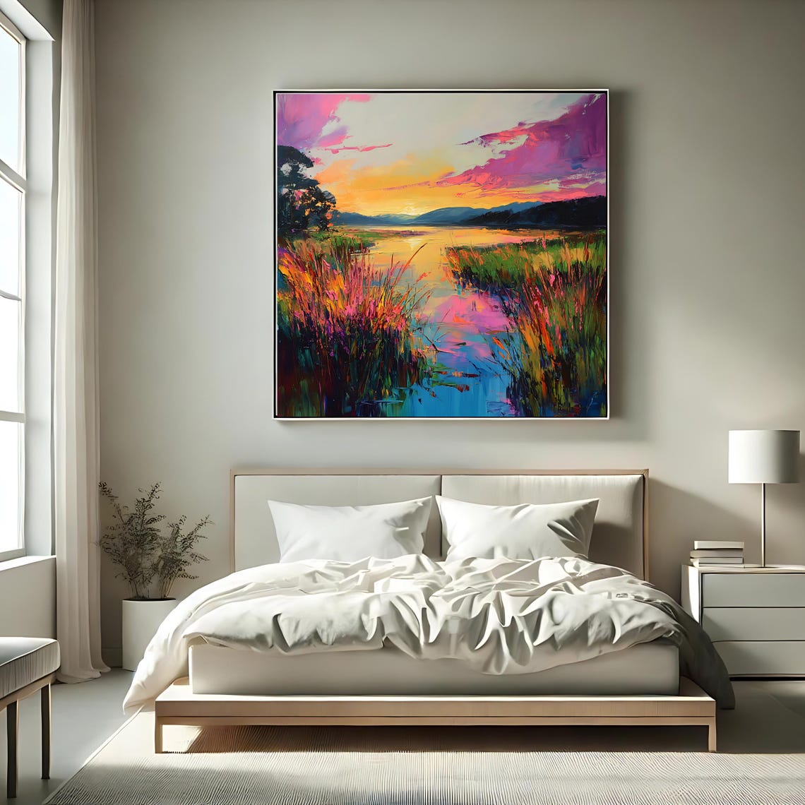Vibrant Sunset Landscape Wall Art Print Colorful Marsh Artwork Square Nature Inspired Decor Bold Scenic Painting - Image 2