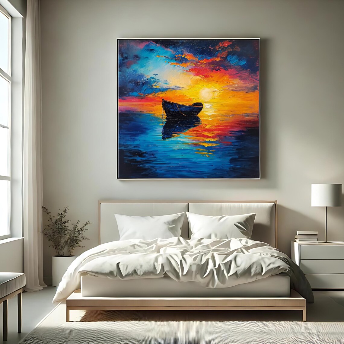Sunset Rowboat Calm Sea Golden Reflection Blue Orange Ocean Art Poster - Image 2